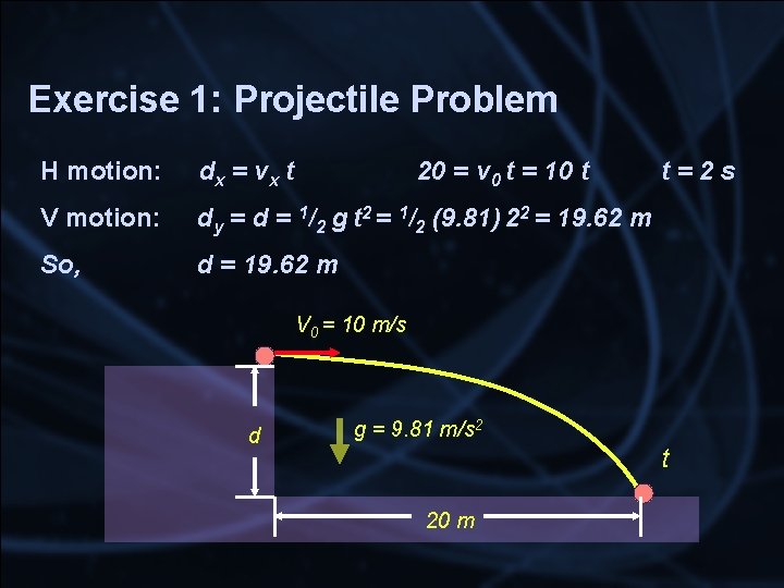 Exercise 1: Projectile Problem H motion: dx = v x t 20 = v