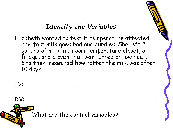Identify the Variables Elizabeth wanted to test if temperature affected how fast milk goes