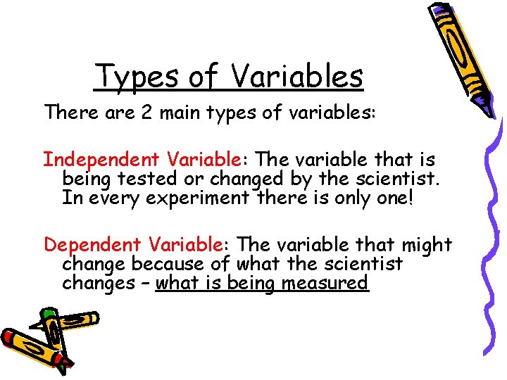 Types of Variables There are 2 main types of variables: Independent Variable: The variable