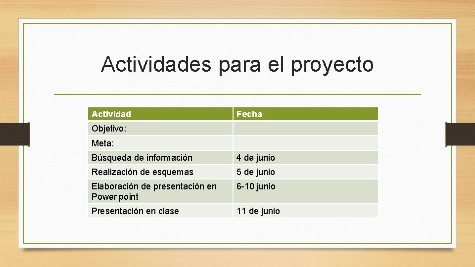 Actividades para el proyecto Actividad Fecha Objetivo: Meta: Búsqueda de información 4 de junio