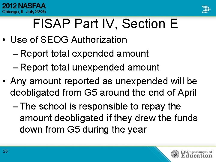 FISAP Part IV, Section E • Use of SEOG Authorization – Report total expended FISAP Part IV, Section E • Use of SEOG Authorization – Report total expended