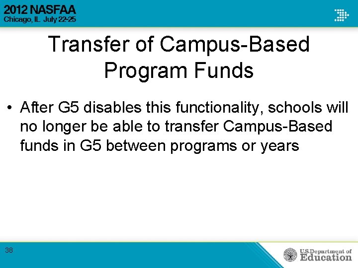 Transfer of Campus-Based Program Funds • After G 5 disables this functionality, schools will Transfer of Campus-Based Program Funds • After G 5 disables this functionality, schools will