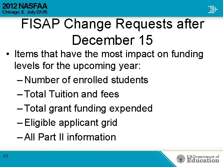 FISAP Change Requests after December 15 • Items that have the most impact on FISAP Change Requests after December 15 • Items that have the most impact on