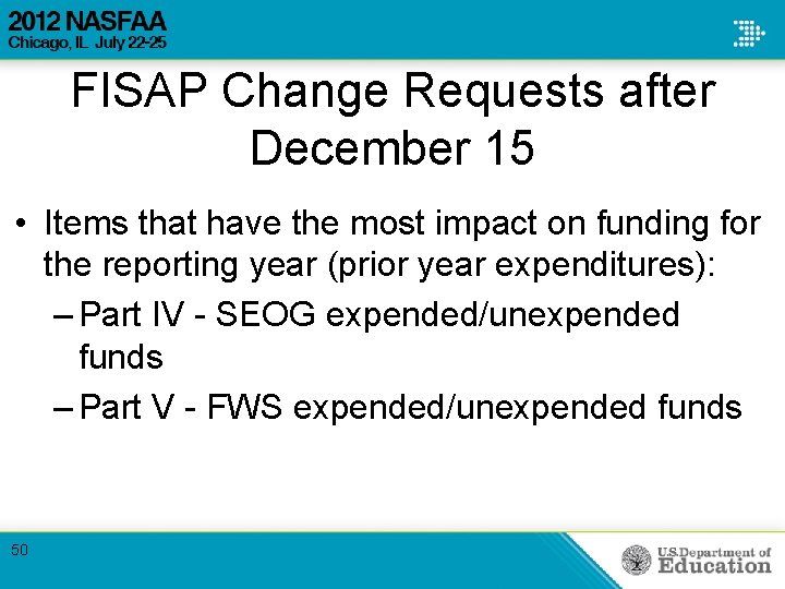 FISAP Change Requests after December 15 • Items that have the most impact on FISAP Change Requests after December 15 • Items that have the most impact on