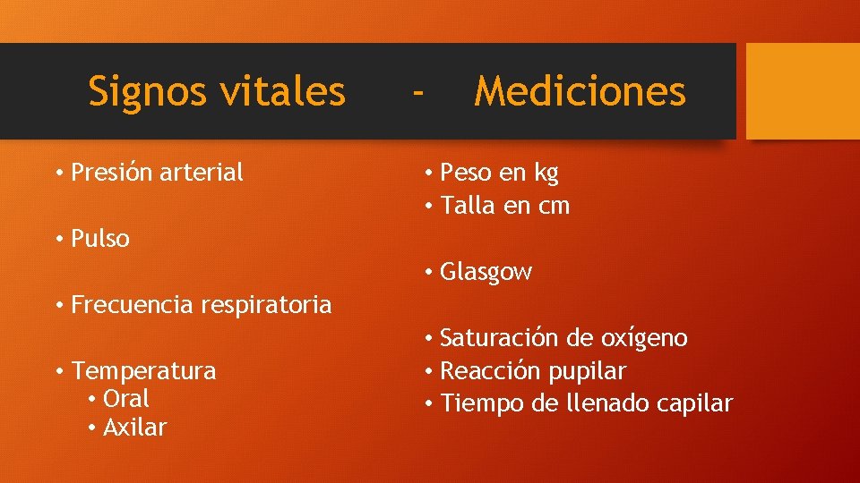 Signos vitales • Presión arterial - Mediciones • Peso en kg • Talla en