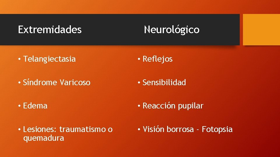 Extremidades Neurológico • Telangiectasia • Reflejos • Síndrome Varicoso • Sensibilidad • Edema •