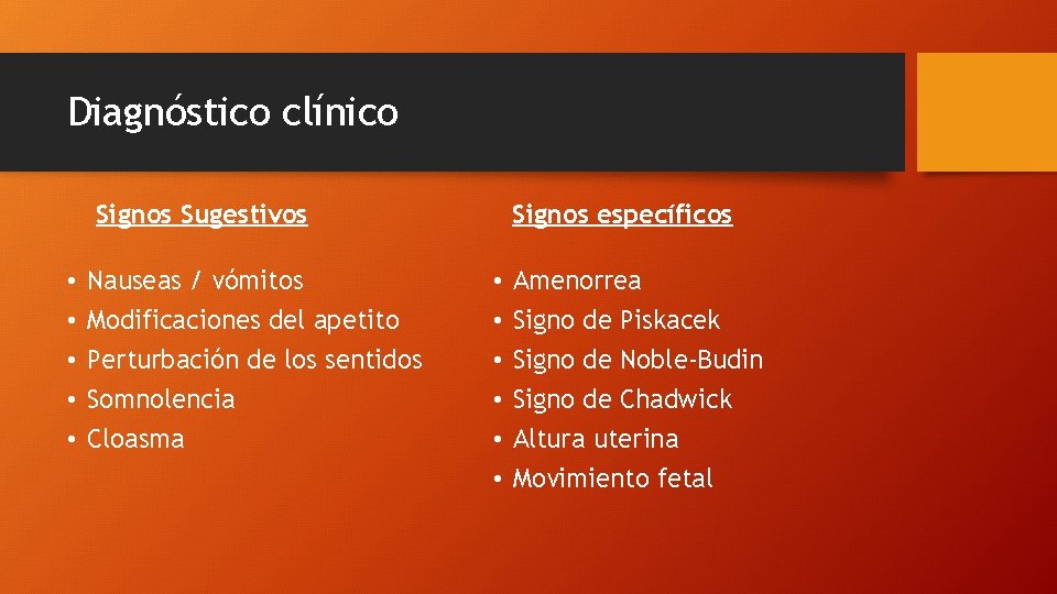 Diagnóstico clínico Signos específicos Signos Sugestivos • • • Nauseas / vómitos Modificaciones del