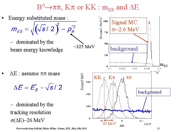 B 0 , K or KK : m. ES and DE • Energy substituted