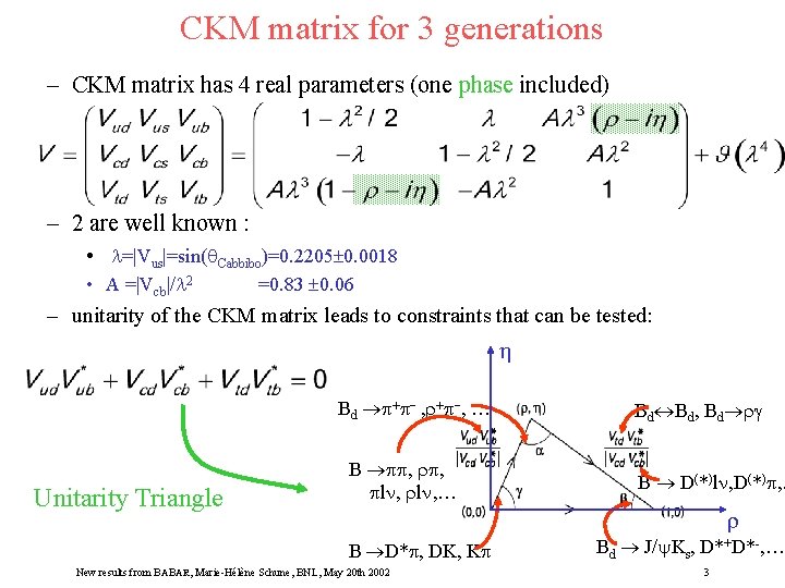 CKM matrix for 3 generations – CKM matrix has 4 real parameters (one phase