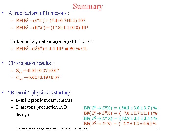  • A true factory of B mesons : Summary – BF(B 0 +