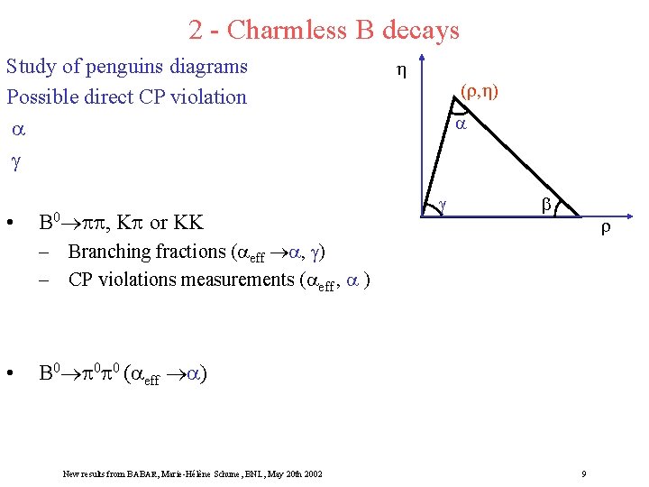 2 - Charmless B decays Study of penguins diagrams Possible direct CP violation a