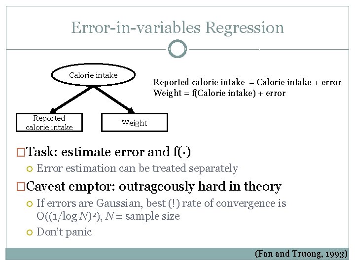 Error-in-variables Regression Calorie intake Reported calorie intake = Calorie intake + error Weight =