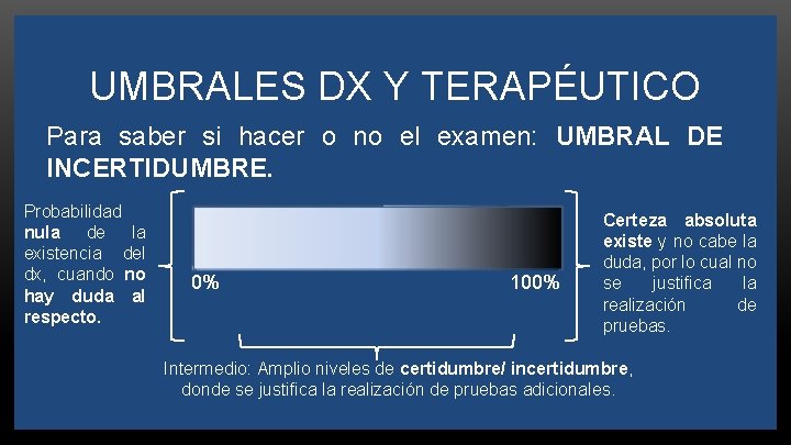 UMBRALES DX Y TERAPÉUTICO Para saber si hacer o no el examen: UMBRAL DE