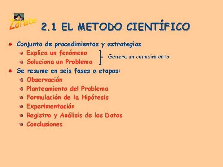 2. 1 EL METODO CIENTÍFICO Conjunto de procedimientos y estrategias Explica un fenómeno Genera