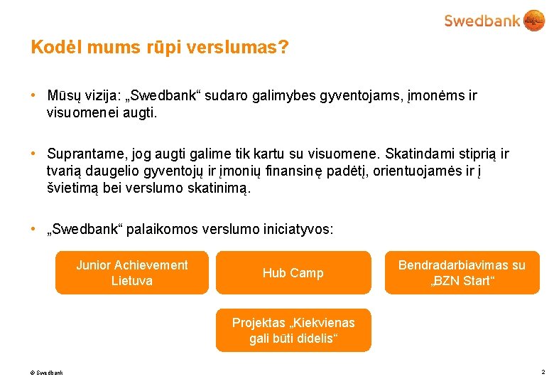 Kodėl mums rūpi verslumas? • Mūsų vizija: „Swedbank“ sudaro galimybes gyventojams, įmonėms ir visuomenei