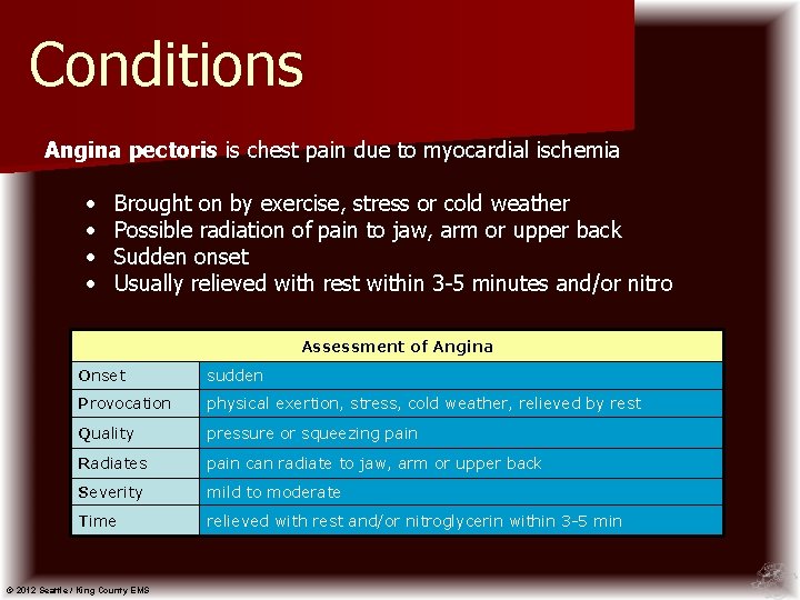 Conditions Angina pectoris is chest pain due to myocardial ischemia • • Brought on