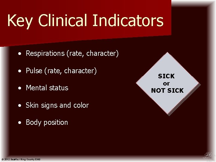 Key Clinical Indicators • Respirations (rate, character) • Pulse (rate, character) • Mental status