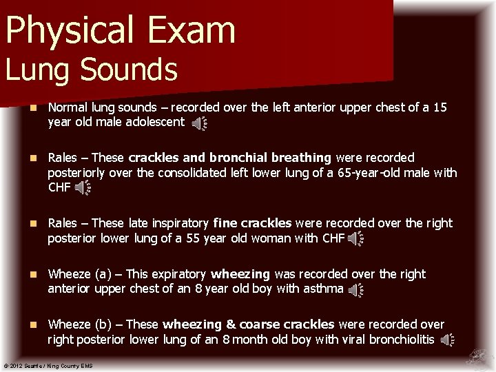 Physical Exam Lung Sounds n Normal lung sounds – recorded over the left anterior
