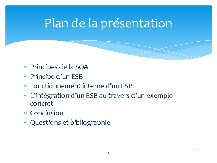 Plan de la présentation Principes de la SOA Principe d’un ESB Fonctionnement interne d’un
