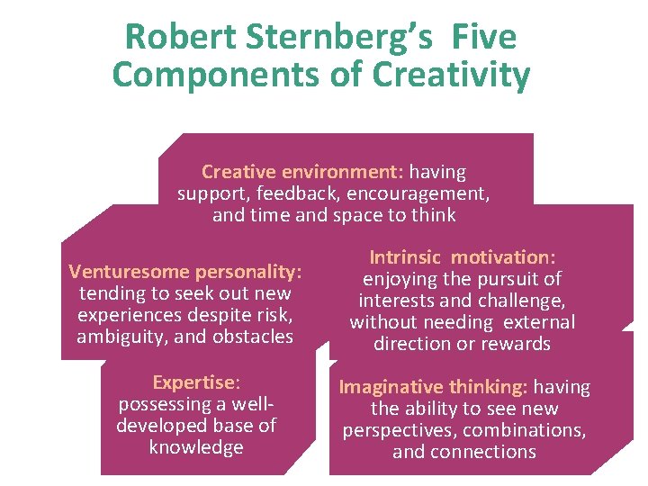 Robert Sternberg’s Five Components of Creativity Creative environment: having support, feedback, encouragement, and time