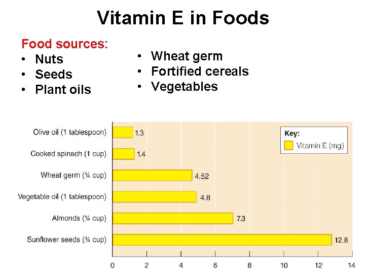 Vitamin E in Foods Food sources: • Nuts • Seeds • Plant oils •