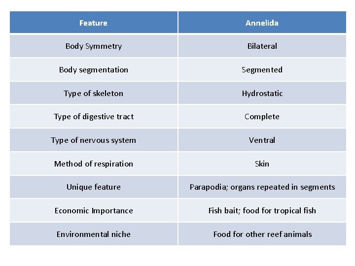 Feature Annelida Circulatory System Body Symmetry Bilateral Body segmentation • Closed Segmented of skeleton