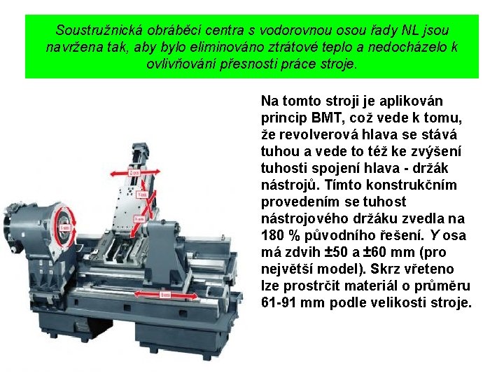 Soustružnická obráběcí centra s vodorovnou osou řady NL jsou navržena tak, aby bylo eliminováno