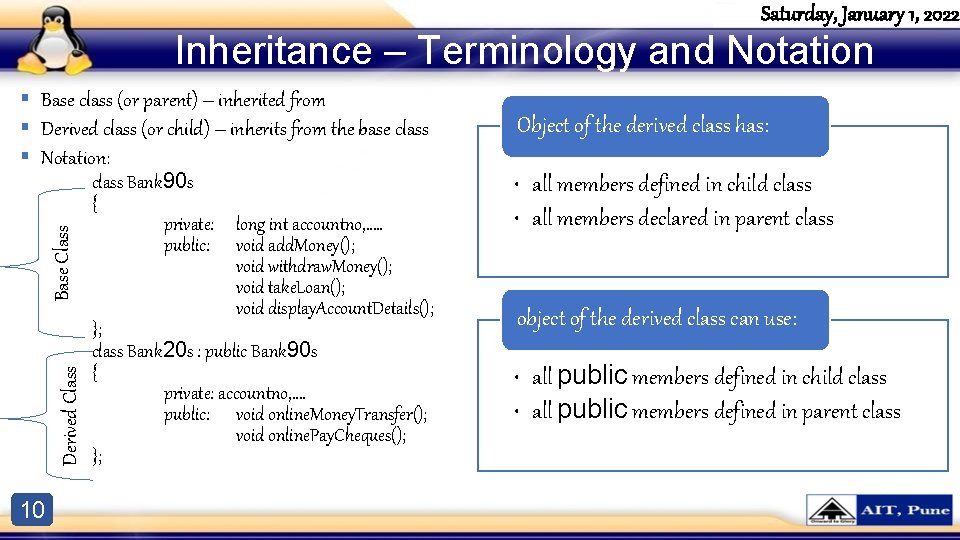 Saturday, January 1, 2022 Inheritance – Terminology and Notation Derived Class Base Class § Saturday, January 1, 2022 Inheritance – Terminology and Notation Derived Class Base Class §