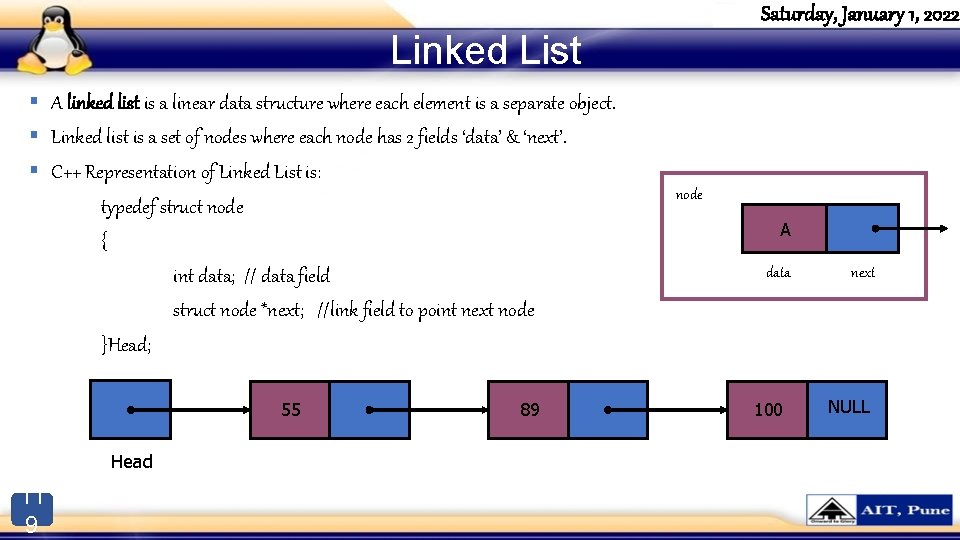 Saturday, January 1, 2022 Linked List § A linked list is a linear data