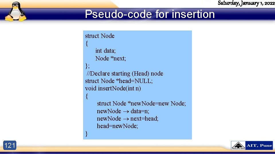 Saturday, January 1, 2022 Pseudo-code for insertion struct Node { int data; Node *next;