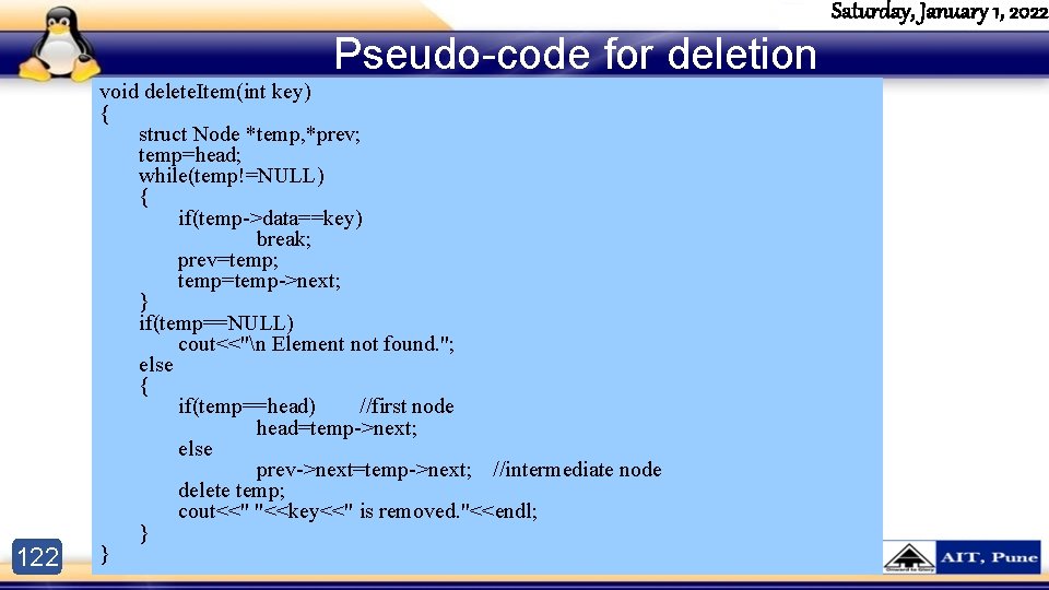 Saturday, January 1, 2022 Pseudo-code for deletion 122 void delete. Item(int key) { struct
