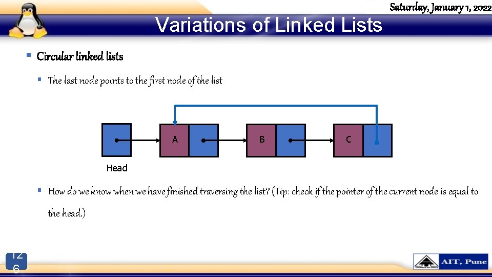 Variations of Linked Lists Saturday, January 1, 2022 § Circular linked lists § The