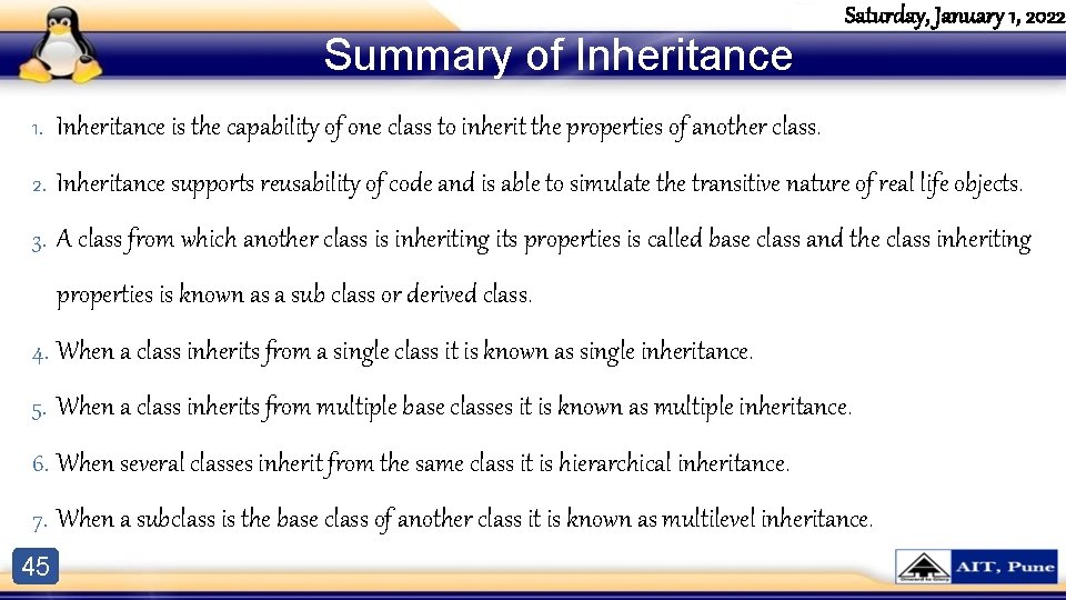 Summary of Inheritance Saturday, January 1, 2022 1. Inheritance is the capability of one Summary of Inheritance Saturday, January 1, 2022 1. Inheritance is the capability of one