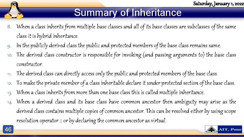 Summary of Inheritance Saturday, January 1, 2022 8. When a class inherits from multiple Summary of Inheritance Saturday, January 1, 2022 8. When a class inherits from multiple