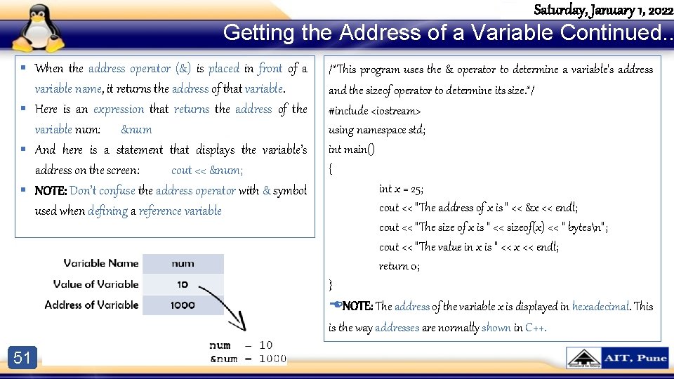 Saturday, January 1, 2022 Getting the Address of a Variable Continued. . § When Saturday, January 1, 2022 Getting the Address of a Variable Continued. . § When