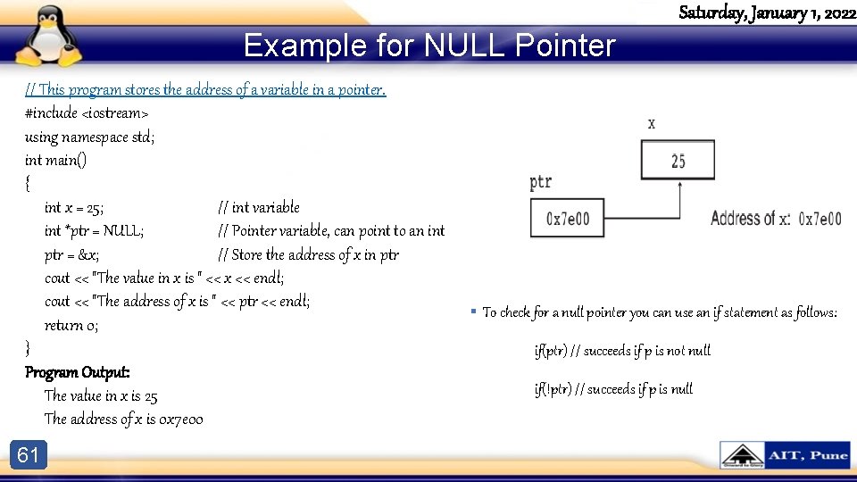 Saturday, January 1, 2022 Example for NULL Pointer // This program stores the address Saturday, January 1, 2022 Example for NULL Pointer // This program stores the address