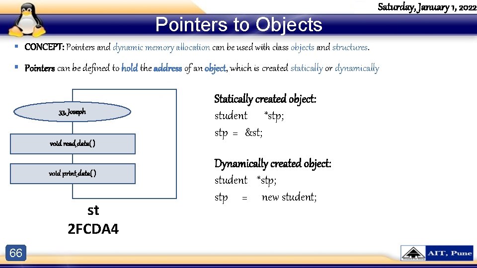 Pointers to Objects Saturday, January 1, 2022 § CONCEPT: Pointers and dynamic memory allocation Pointers to Objects Saturday, January 1, 2022 § CONCEPT: Pointers and dynamic memory allocation