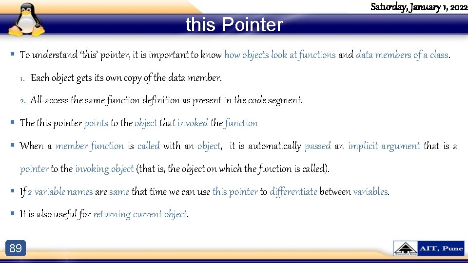 this Pointer Saturday, January 1, 2022 § To understand ‘this’ pointer, it is important