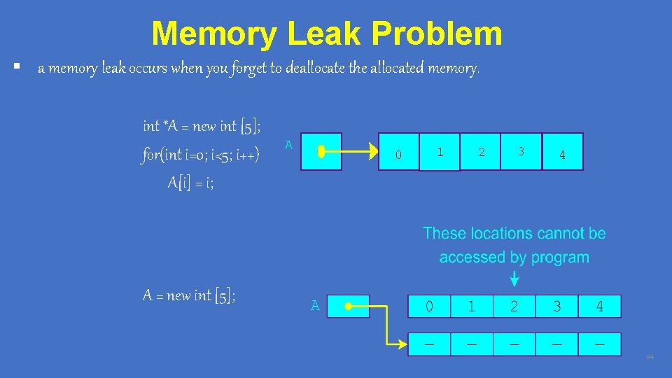 Memory Leak Problem § a memory leak occurs when you forget to deallocate the