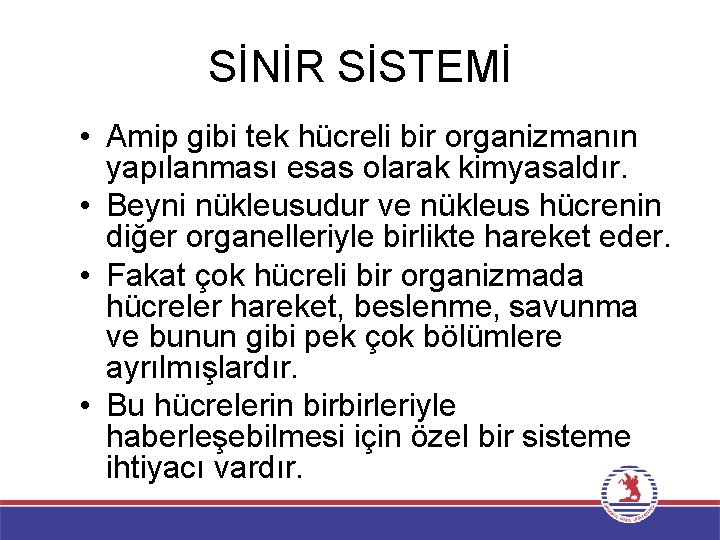 SİNİR SİSTEMİ • Amip gibi tek hücreli bir organizmanın yapılanması esas olarak kimyasaldır. •