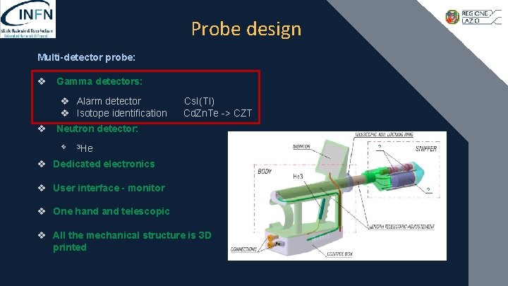 Probe design Multi-detector probe: v Gamma detectors: v Alarm detector v Isotope identification v