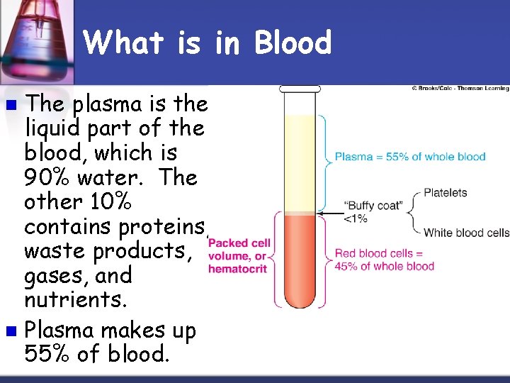 What is in Blood The plasma is the liquid part of the blood, which