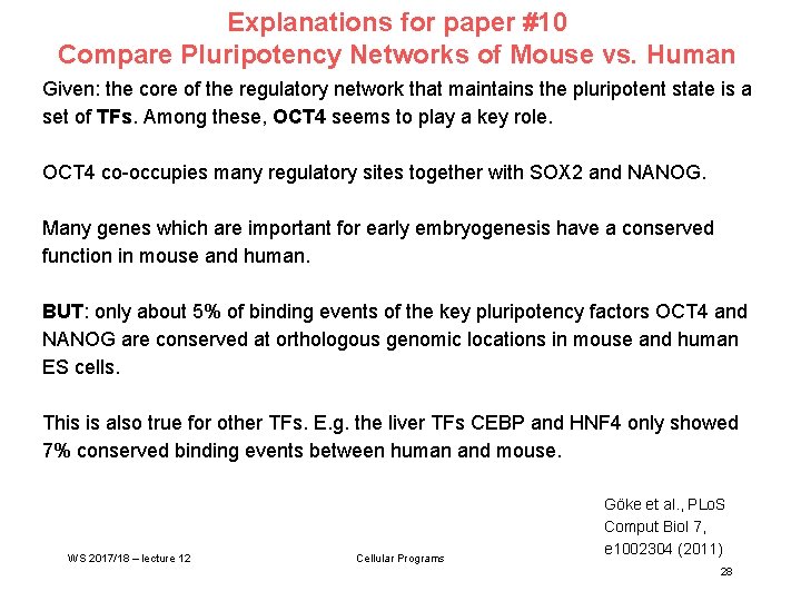 Explanations for paper #10 Compare Pluripotency Networks of Mouse vs. Human Given: the core