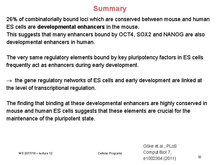 Summary 26% of combinatorially bound loci which are conserved between mouse and human ES