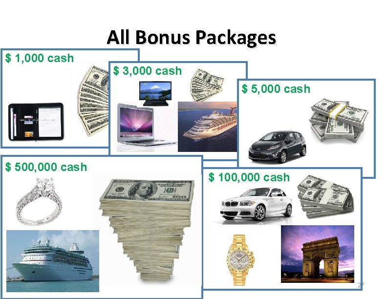 All Bonus Packages $ 1, 000 cash $ 3, 000 cash $ 500, 000