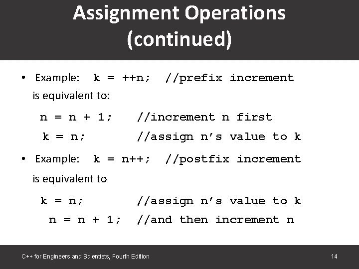 Assignment Operations (continued) • Example: k = ++n; is equivalent to: //prefix increment n Assignment Operations (continued) • Example: k = ++n; is equivalent to: //prefix increment n