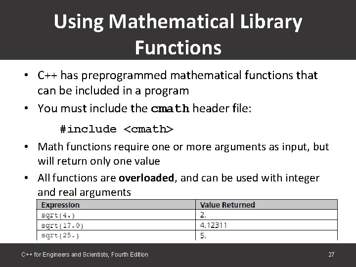 Using Mathematical Library Functions • C++ has preprogrammed mathematical functions that can be included Using Mathematical Library Functions • C++ has preprogrammed mathematical functions that can be included