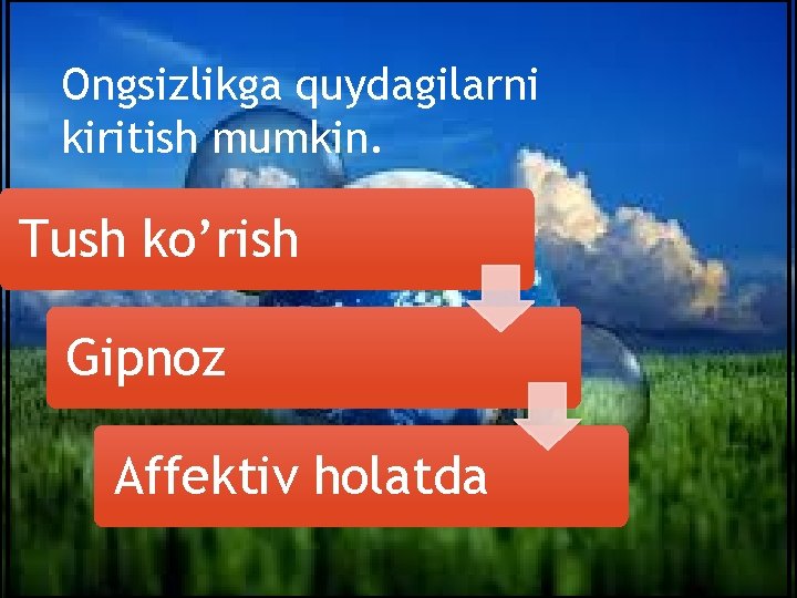 Ongsizlikga quydagilarni kiritish mumkin. Tush ko’rish Gipnoz Affektiv holatda 