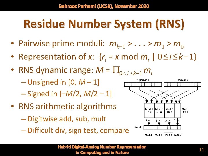 Behrooz Parhami (UCSB), November 2020 Residue Number System (RNS) • Pairwise prime moduli: mk–