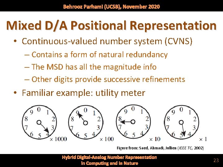 Behrooz Parhami (UCSB), November 2020 Mixed D/A Positional Representation • Continuous-valued number system (CVNS)